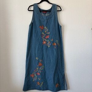 Agapo Denim Maxi Dress Women S Blue Floral Embroidered Vintage Sleeveless 90s